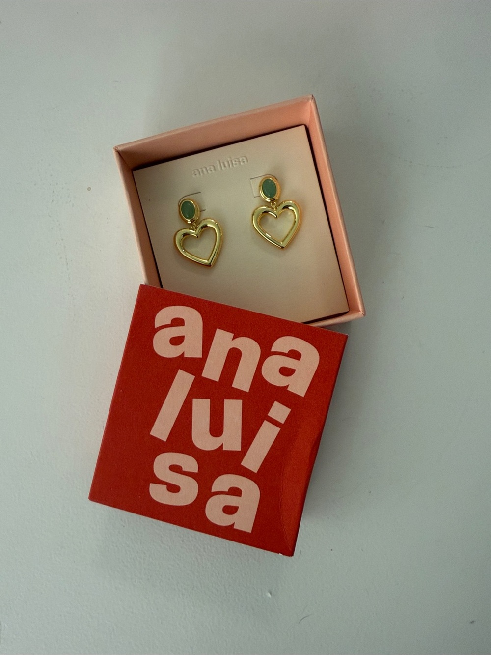 Ana Luisa Gold Heart Drop Earrings with Green Stone Tops